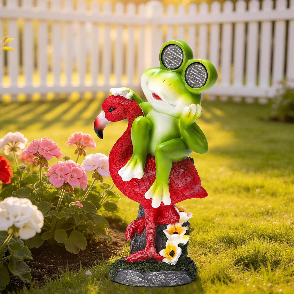 Funny Frog Figurine Riding Flamingo Garden Decor Statues With SOLAR LED Light