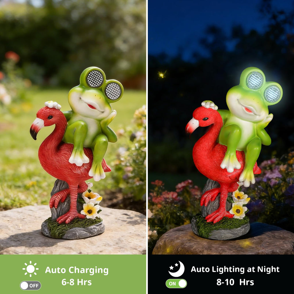 Funny Frog Figurine Riding Flamingo Garden Decor Statues With SOLAR LED Light