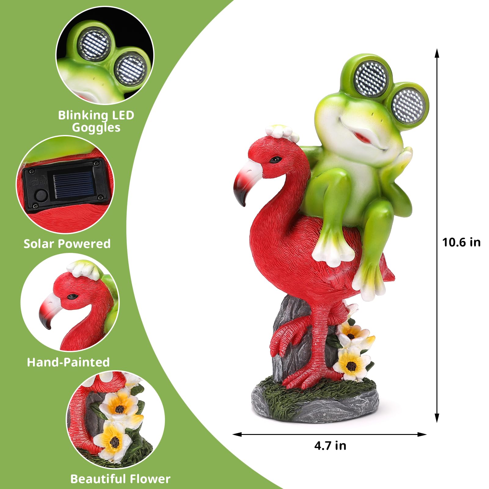 Funny Frog Figurine Riding Flamingo Garden Decor Statues With SOLAR LED Light