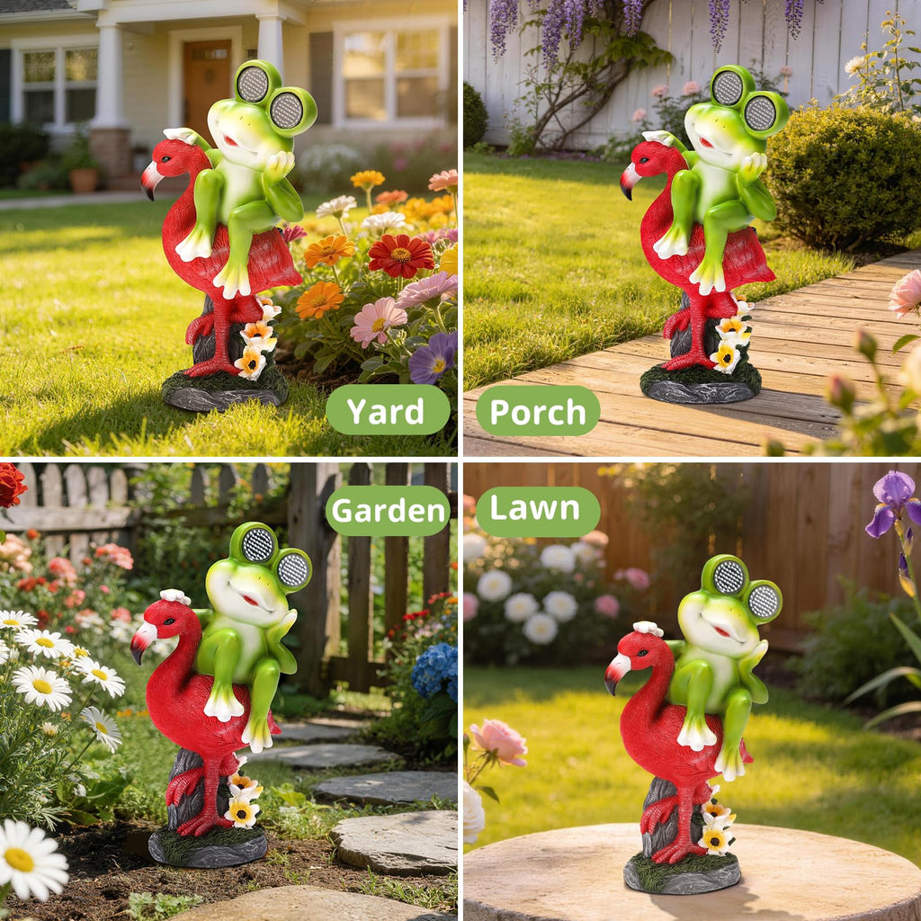 Funny Frog Figurine Riding Flamingo Garden Decor Statues With SOLAR LED Light