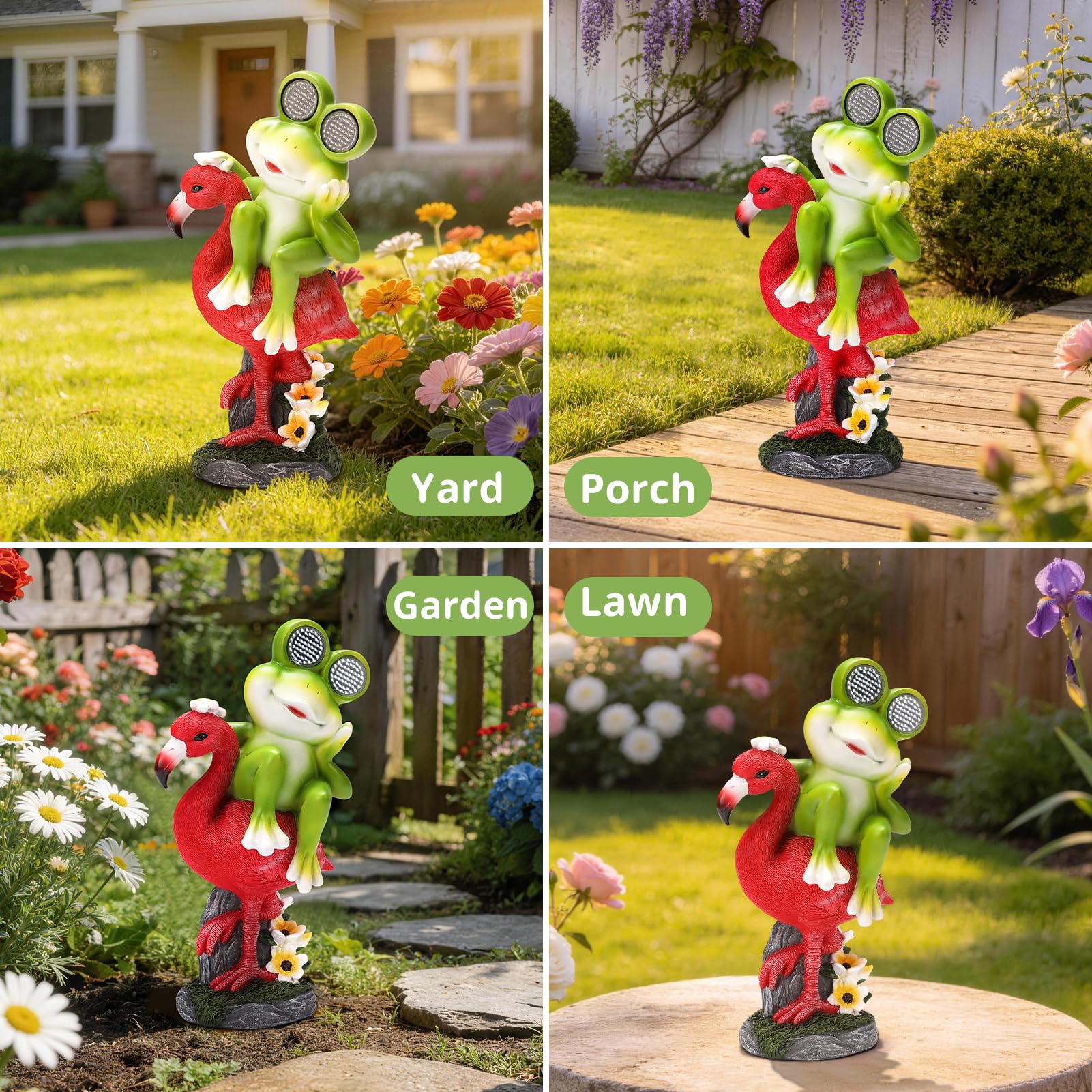 Funny Frog Figurine Riding Flamingo Garden Decor Statues With SOLAR LED Light