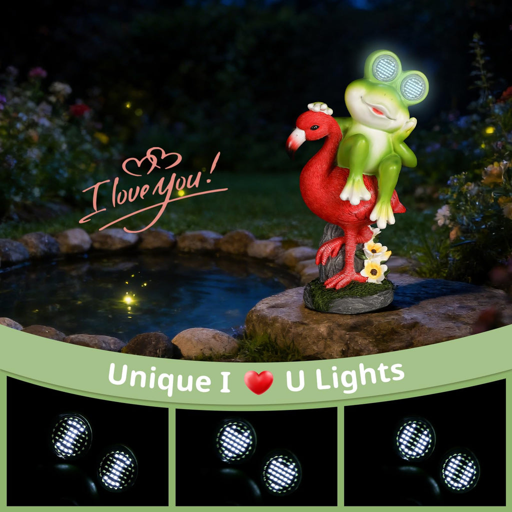 Funny Frog Figurine Riding Flamingo Garden Decor Statues With SOLAR LED Light