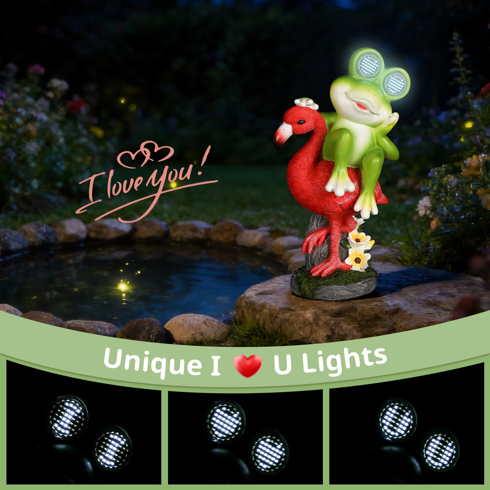 Funny Frog Figurine Riding Flamingo Garden Decor Statues With SOLAR LED Light