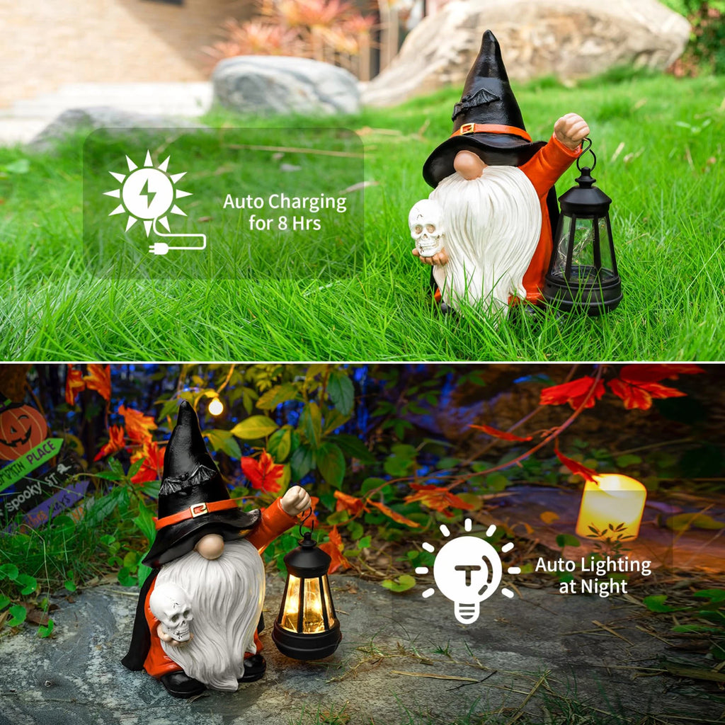 Halloween Gnome Garden Decor Statue With Skull & Solar Lantern