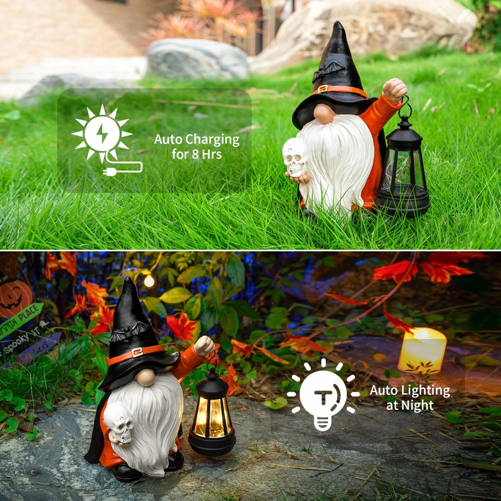 Halloween Gnome Garden Decor Statue With Skull & Solar Lantern