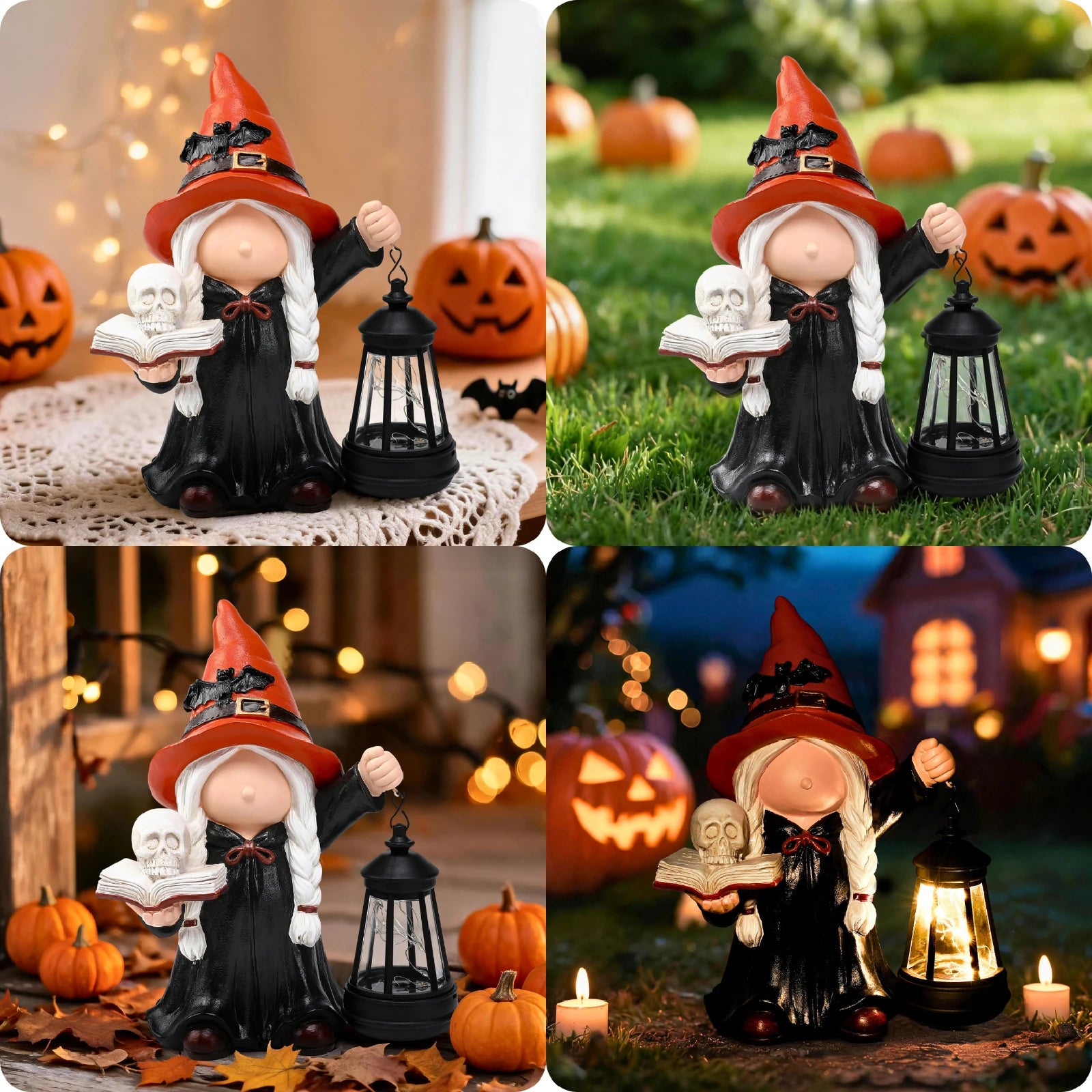 Halloween Gnome Witch Holding Skull & Spell Book Decor Statue With Solar Lantern
