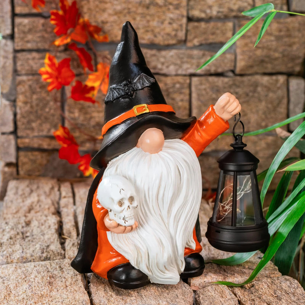 Halloween Gnome Garden Decor Statue With Skull & Solar Lantern