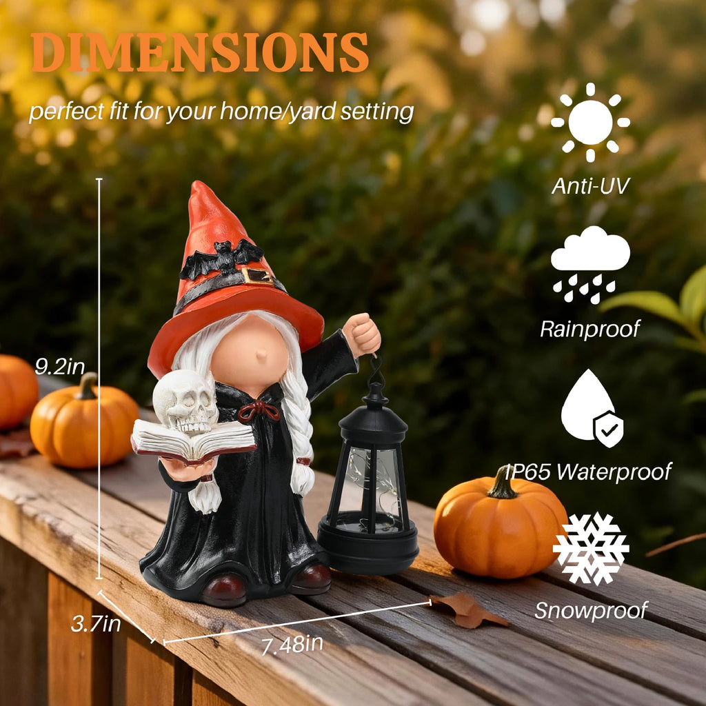 Halloween Gnome Witch Holding Skull & Spell Book Decor Statue With Solar Lantern