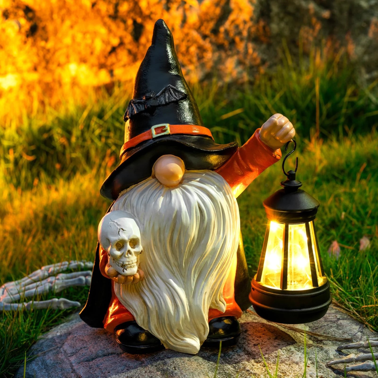 Halloween Gnome Garden Decor Statue With Skull & Solar Lantern