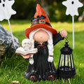 Halloween Gnome Witch Holding Skull & Spell Book Decor Statue With Solar Lantern