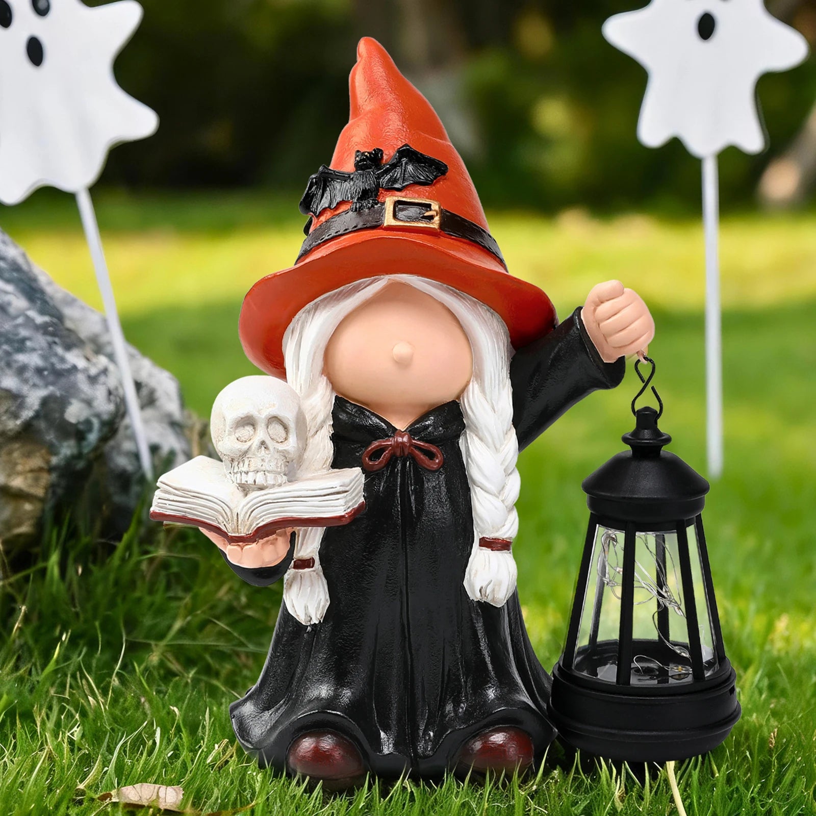 Halloween Gnome Witch Holding Skull & Spell Book Decor Statue With Solar Lantern