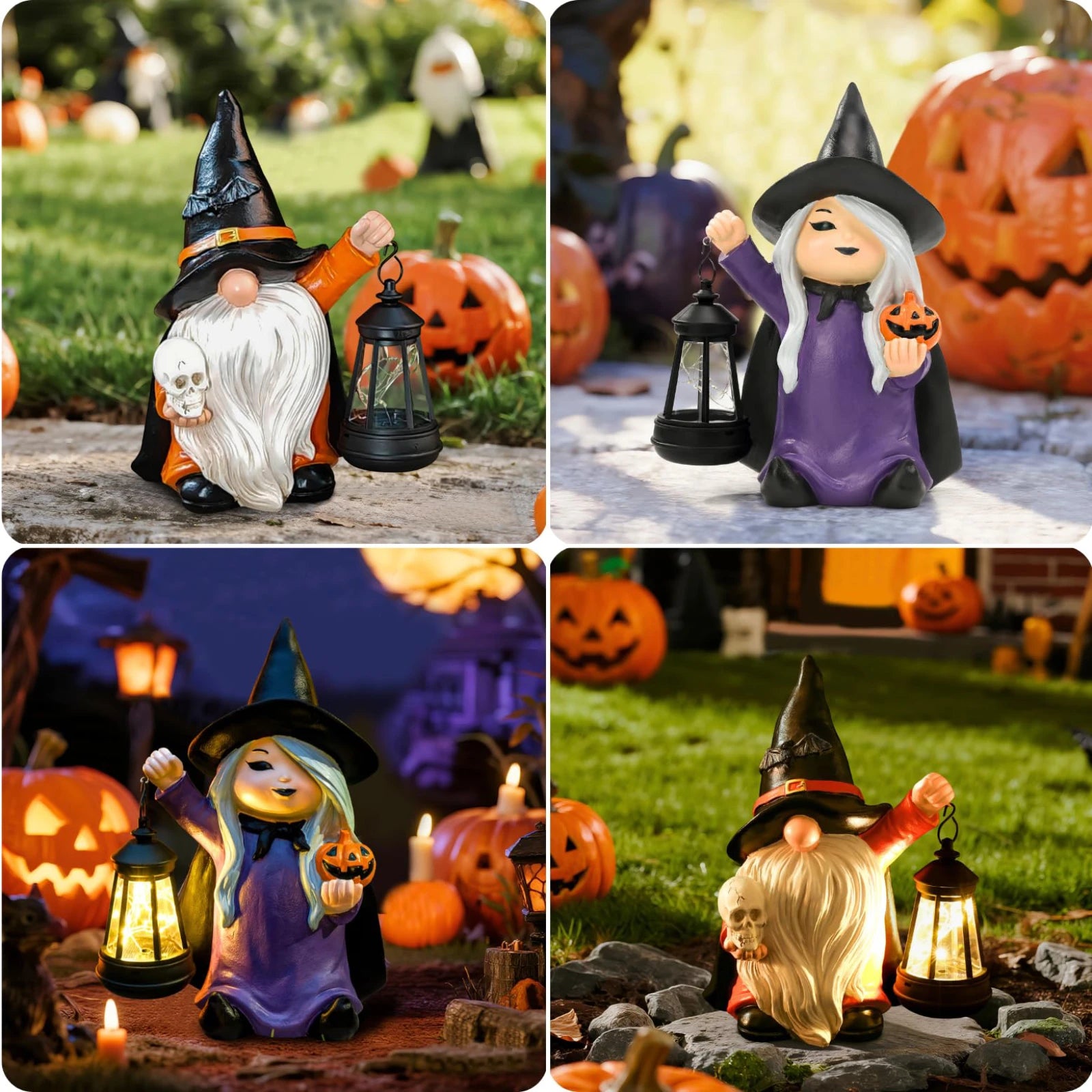 Halloween Witch Figurine Holding Pumpkin Garden Decor Statue with Solar Lantern