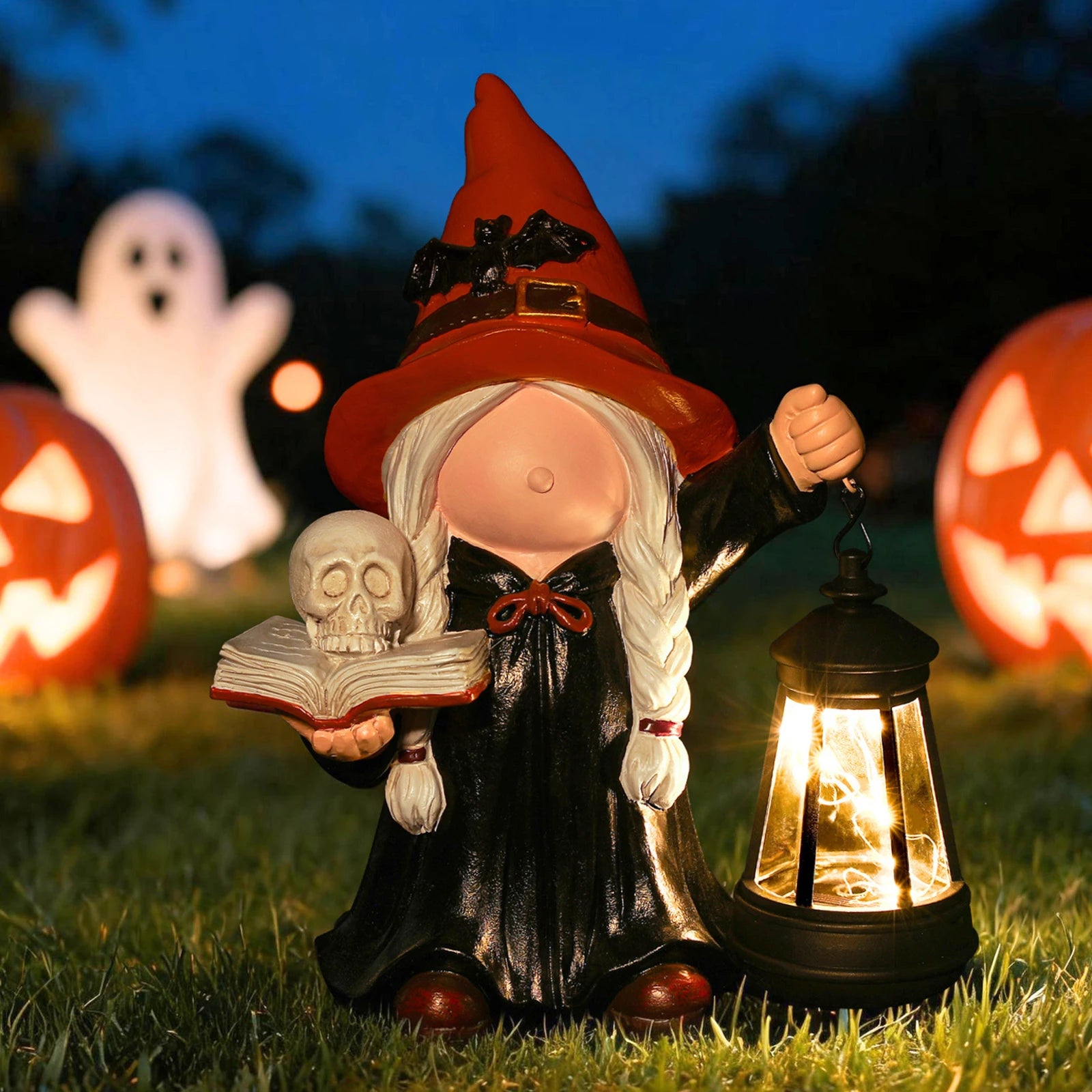 Halloween Gnome Witch Holding Skull & Spell Book Decor Statue With Solar Lantern