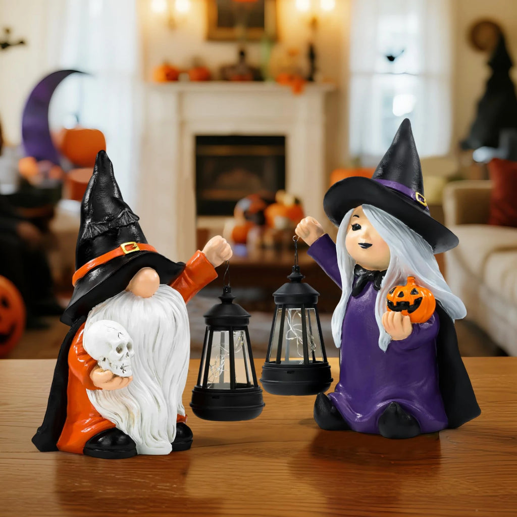Halloween Witch Figurine Holding Pumpkin Garden Decor Statue with Solar Lantern