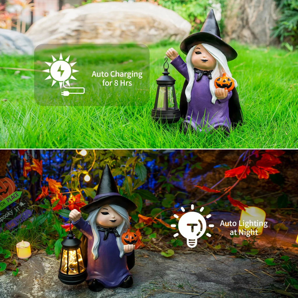 Halloween Witch Figurine Holding Pumpkin Garden Decor Statue with Solar Lantern