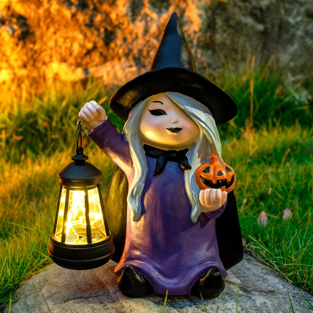 Halloween Witch Figurine Holding Pumpkin Garden Decor Statue with Solar Lantern