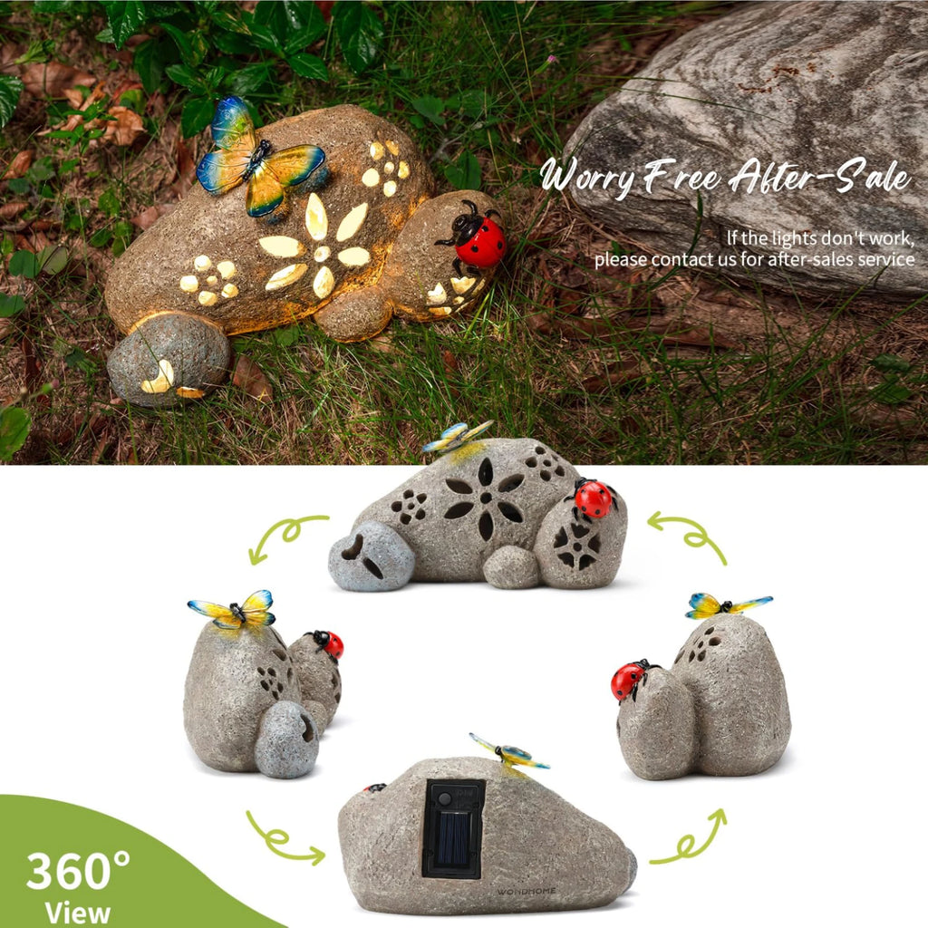 Butterfly & Ladybug Rock Garden Statue Resin Stone Solar LED Light
