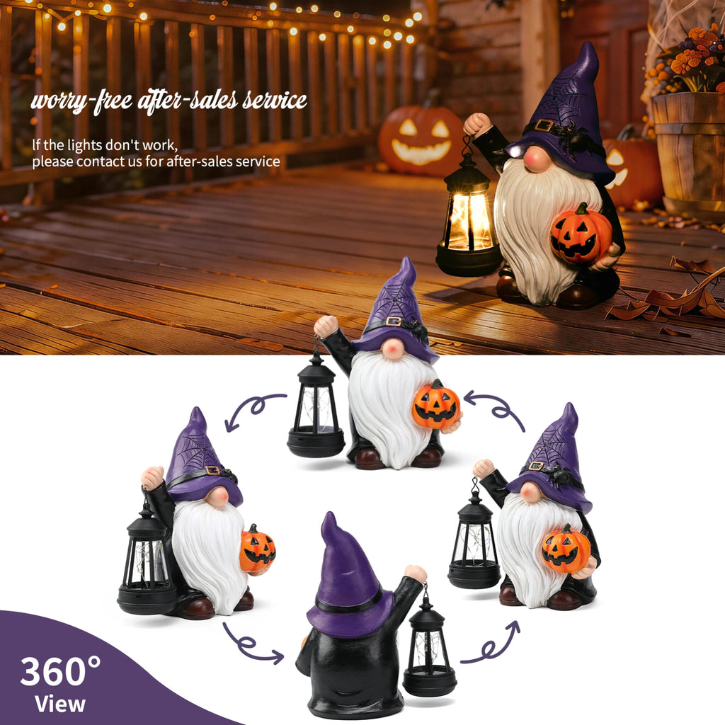 Halloween Gnome Holding Pumpkin Garden Statue with Solar Lantern