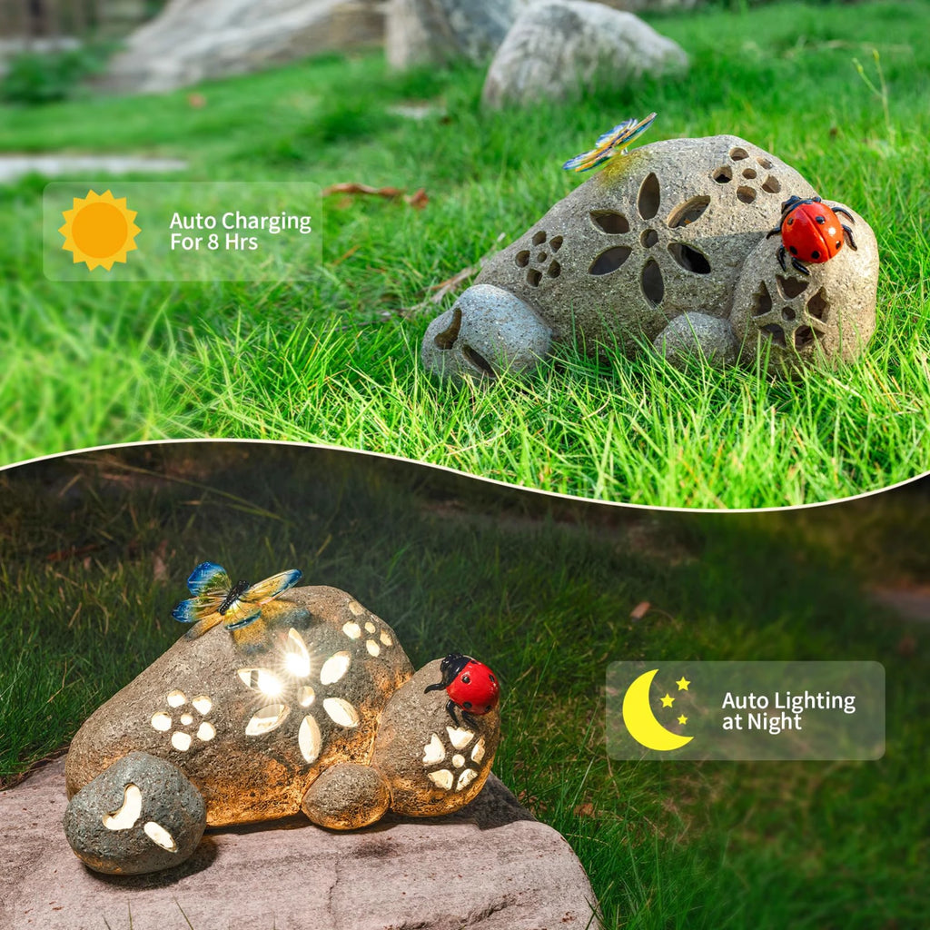 Butterfly & Ladybug Rock Garden Statue Resin Stone Solar LED Light