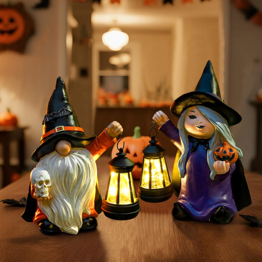 Halloween Gnome Garden Decor Statue With Skull & Solar Lantern