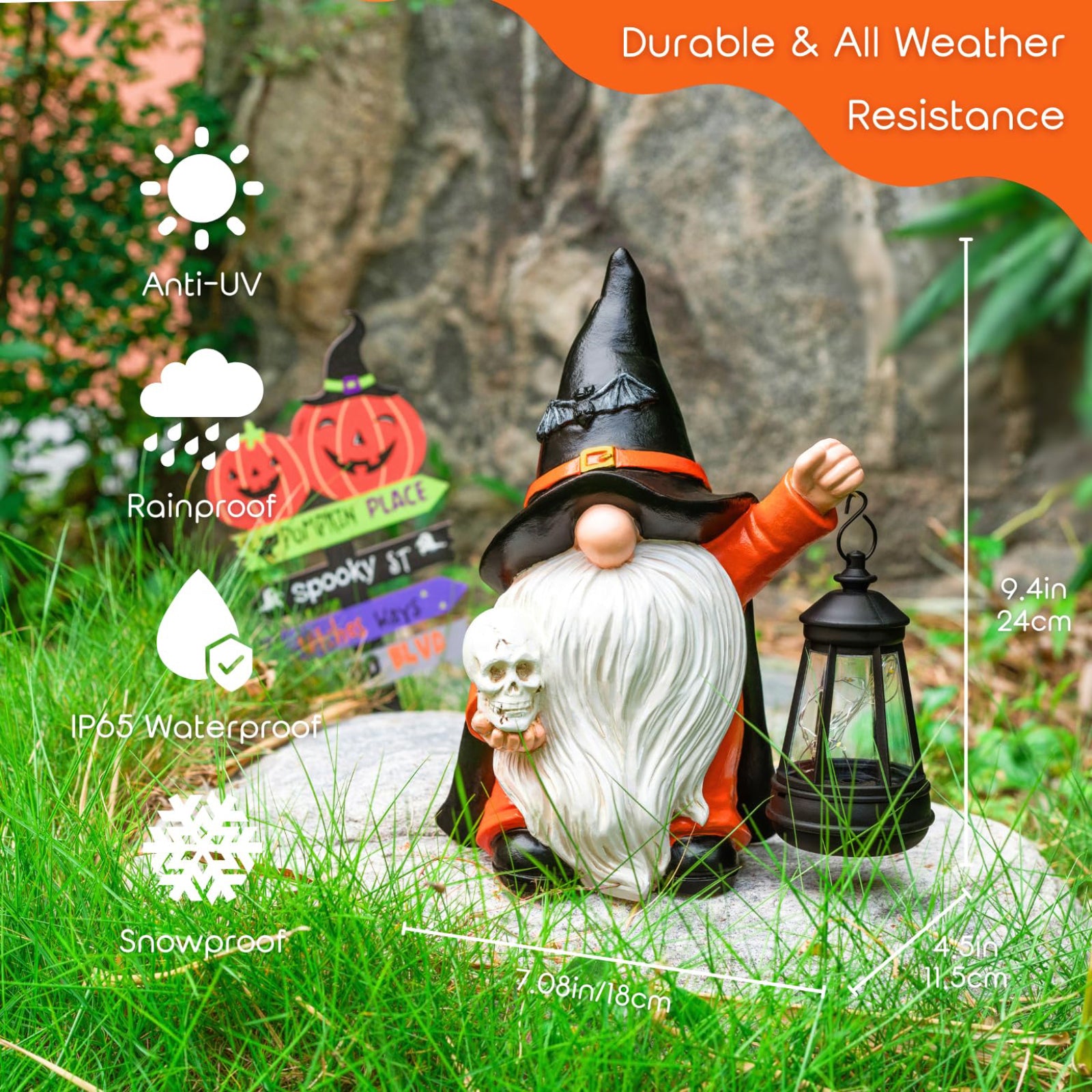 Halloween Gnome Garden Decor Statue With Skull & Solar Lantern