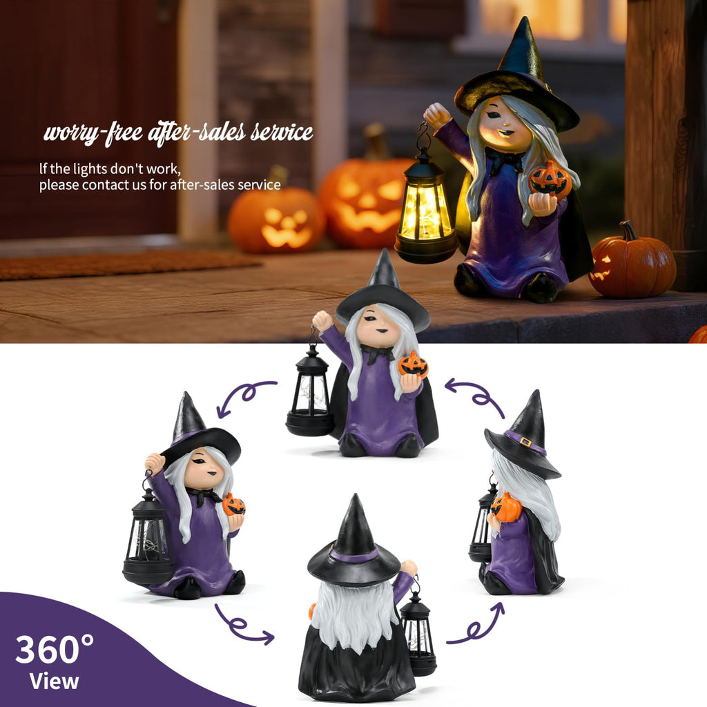 Halloween Witch Figurine Holding Pumpkin Garden Decor Statue with Solar Lantern
