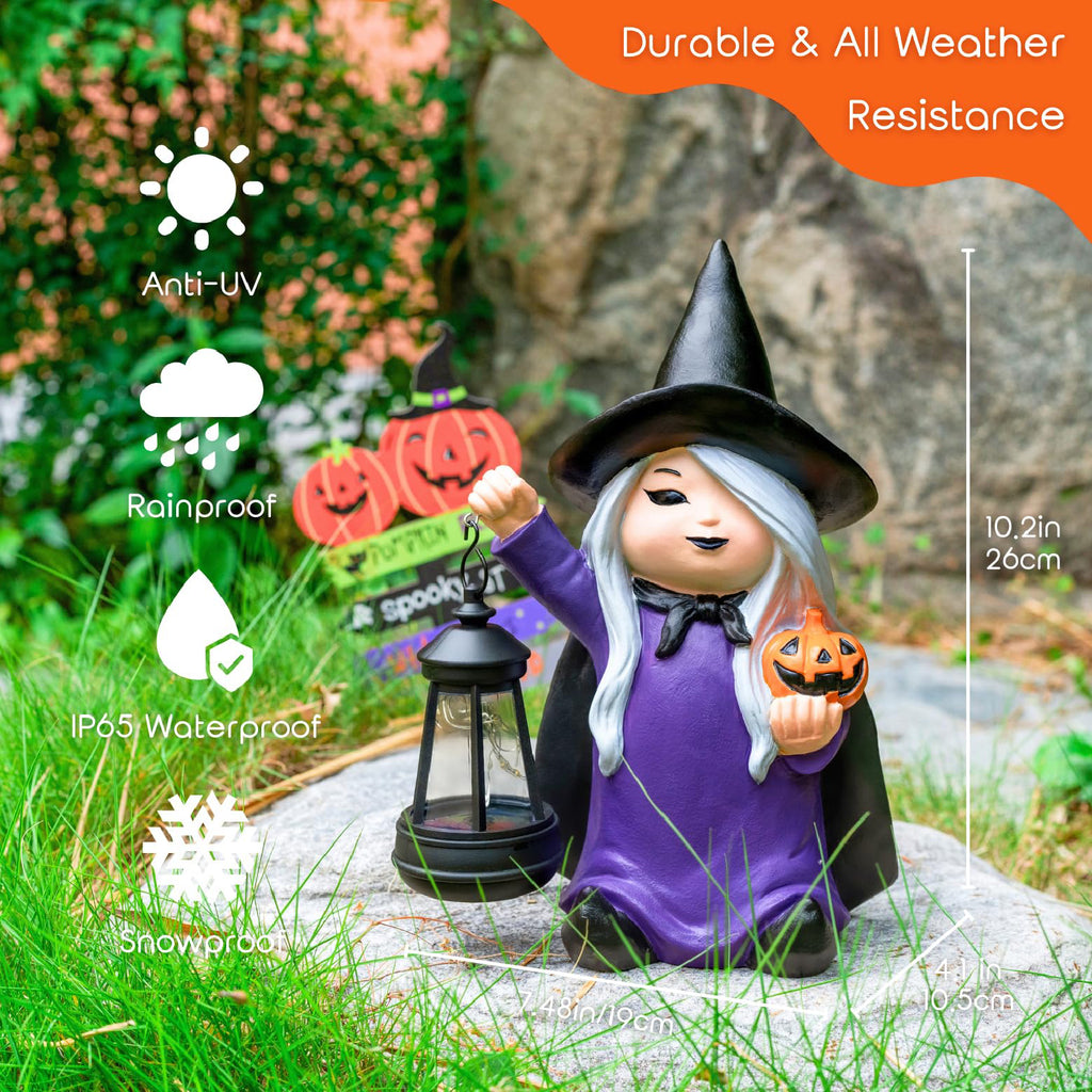 Halloween Witch Figurine Holding Pumpkin Garden Decor Statue with Solar Lantern