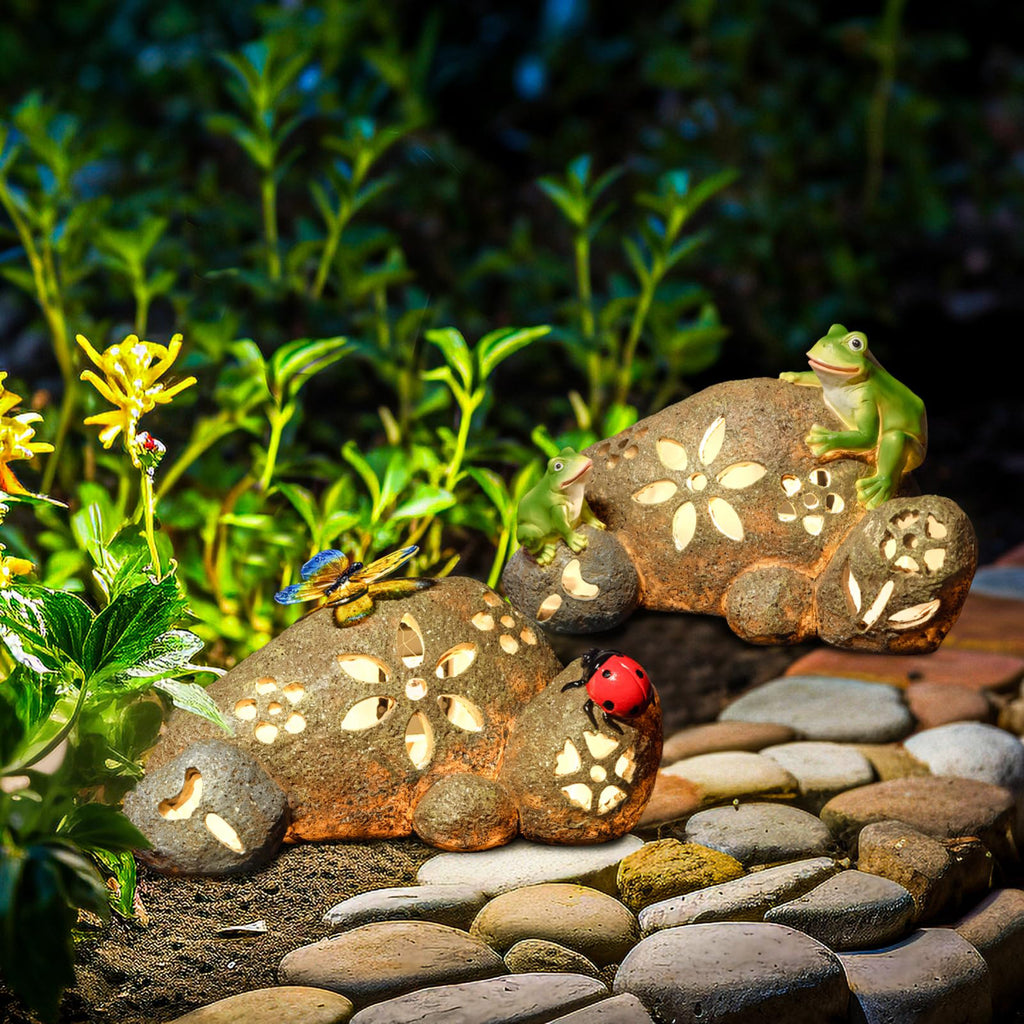 Butterfly & Ladybug Rock Garden Statue Resin Stone Solar LED Light