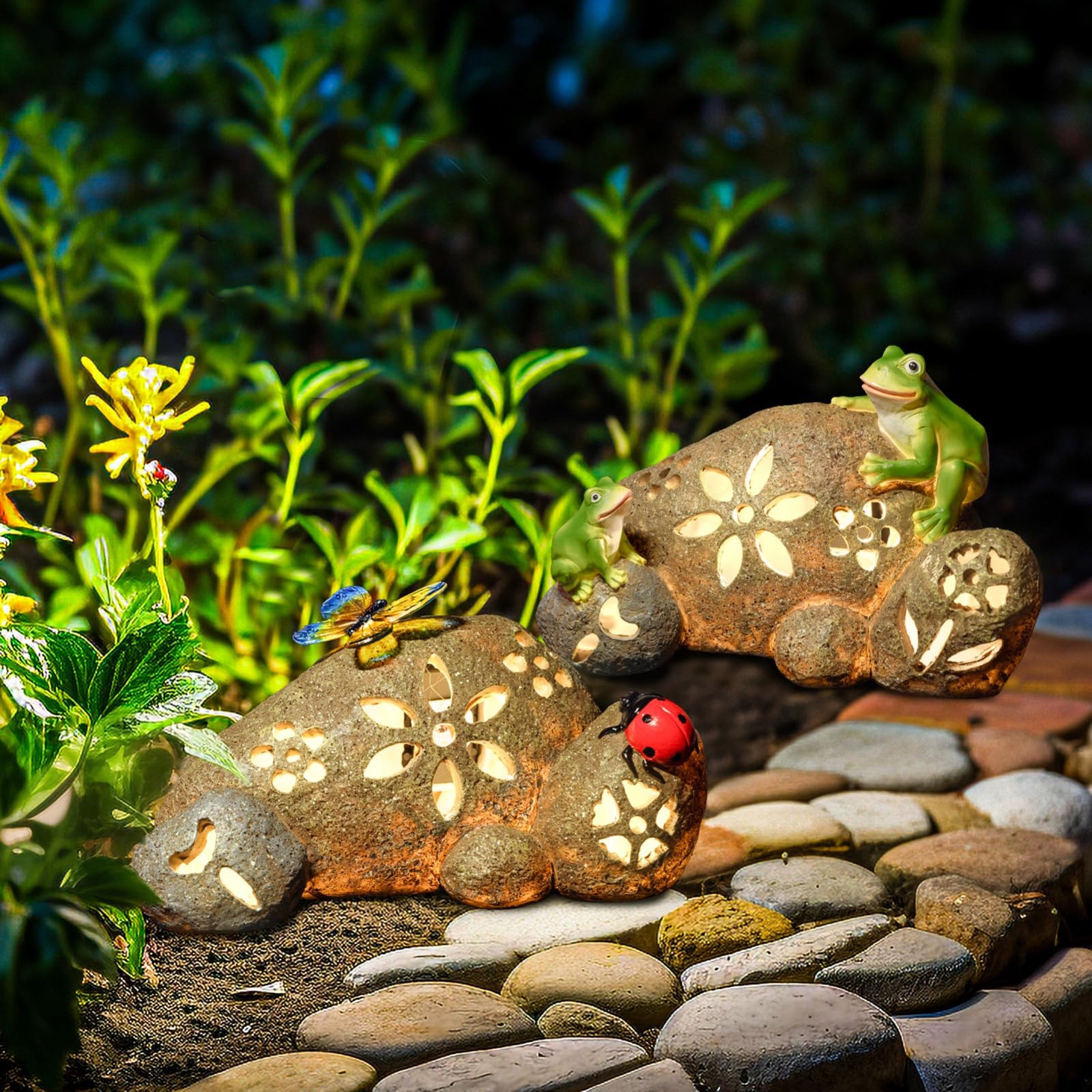 Butterfly & Ladybug Rock Garden Statue Resin Stone Solar LED Light
