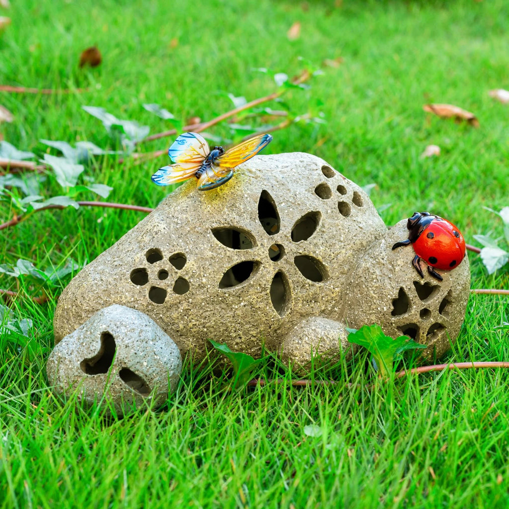 Butterfly & Ladybug Rock Garden Statue Resin Stone Solar LED Light