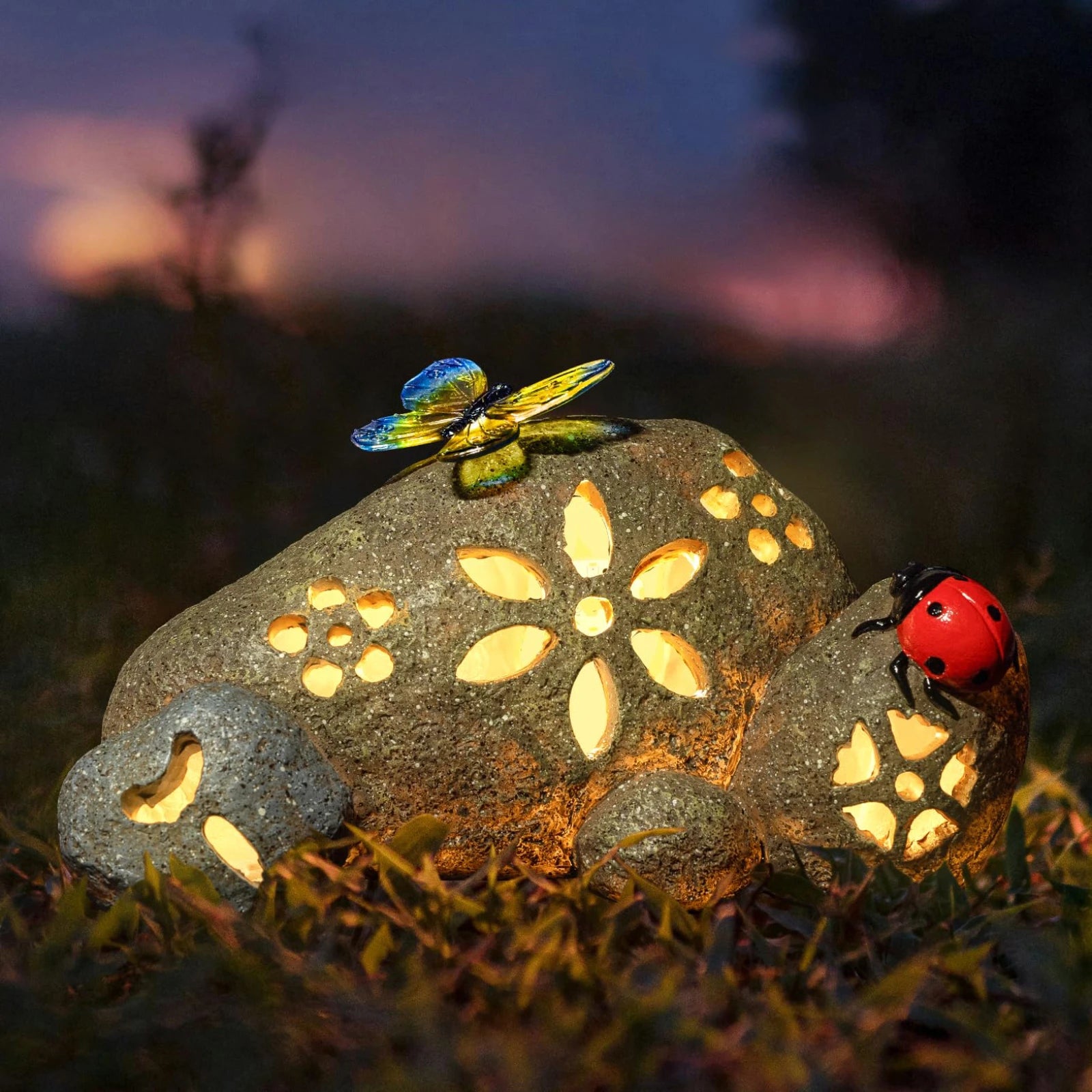 Butterfly & Ladybug Rock Garden Statue Resin Stone Solar LED Light