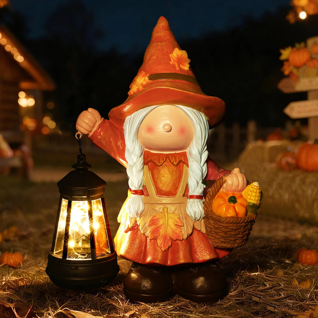 Fall Harvest Pumpkin Basket Girl Gnome Garden Decor Statue with Solar Lantern