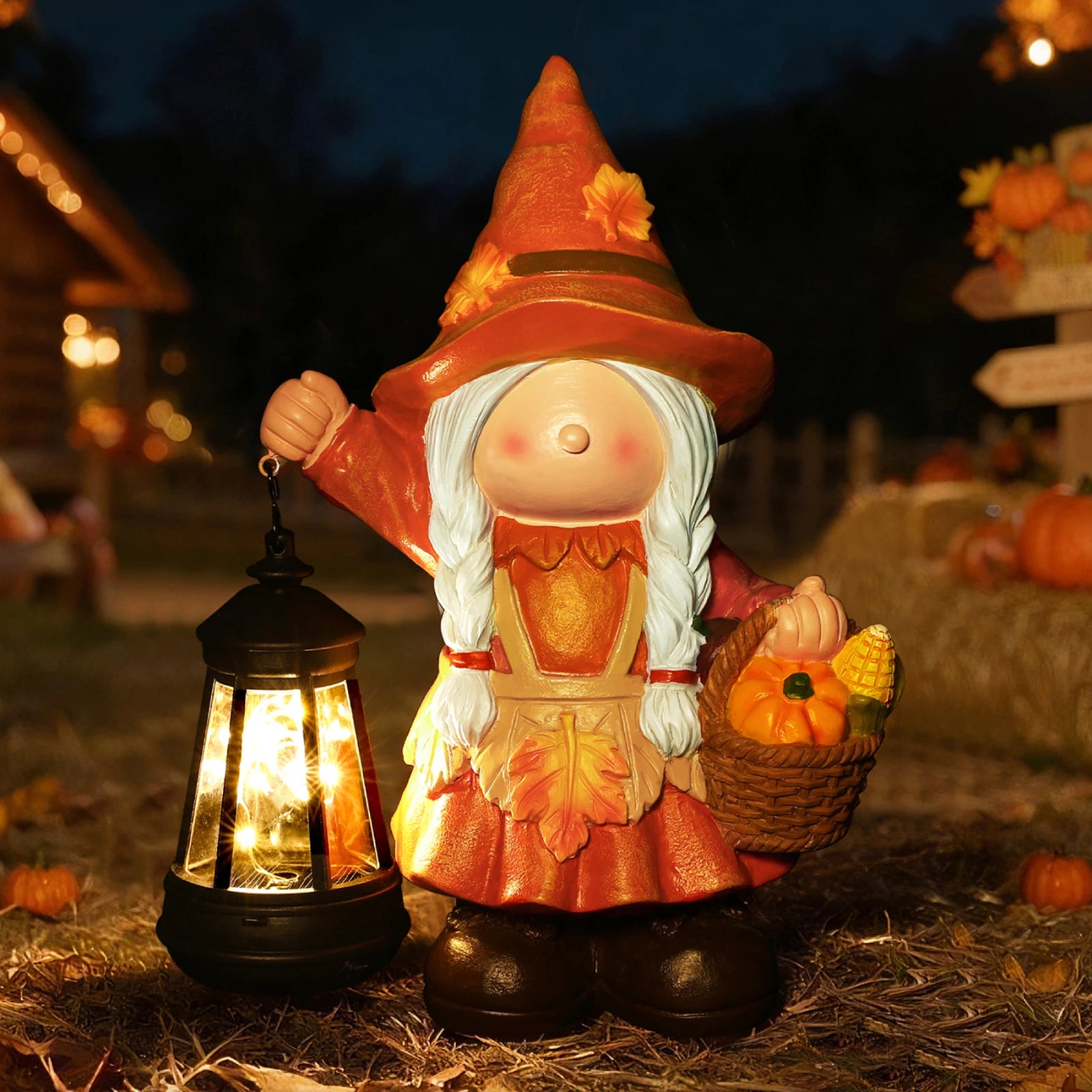 Fall Harvest Pumpkin Basket Girl Gnome Garden Decor Statue with Solar Lantern