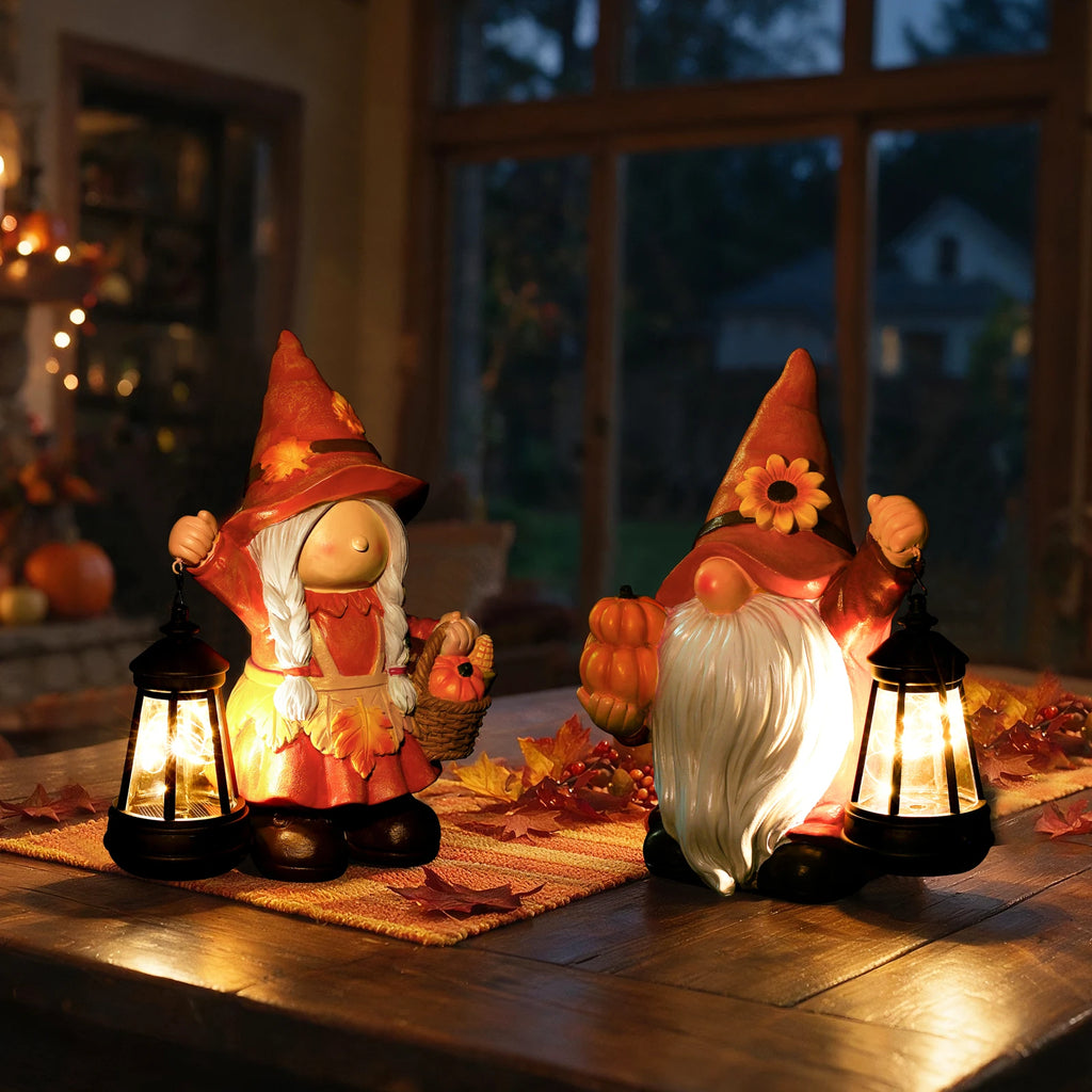 Fall Harvest Pumpkin Basket Girl Gnome Garden Decor Statue with Solar Lantern