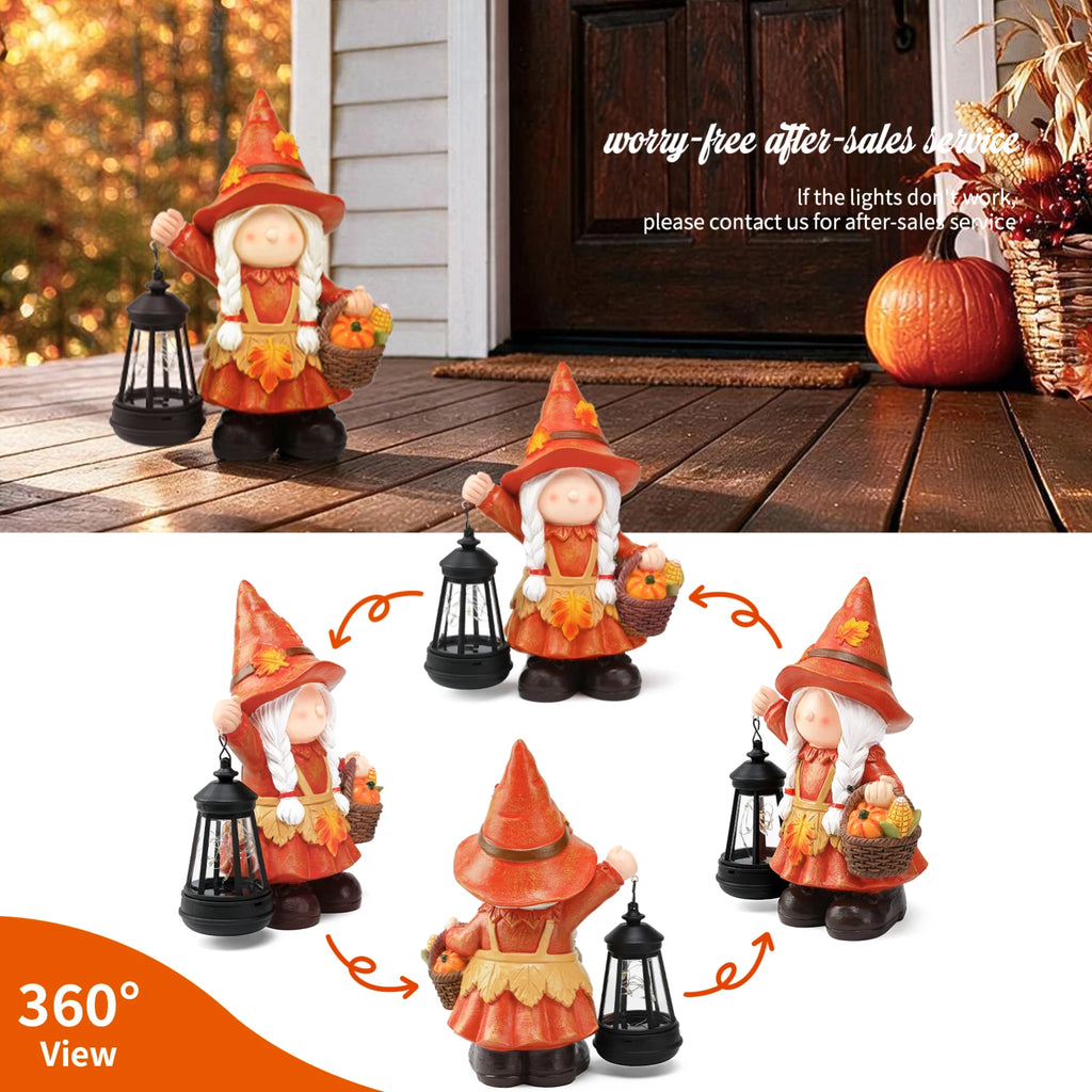Fall Harvest Pumpkin Basket Girl Gnome Garden Decor Statue with Solar Lantern