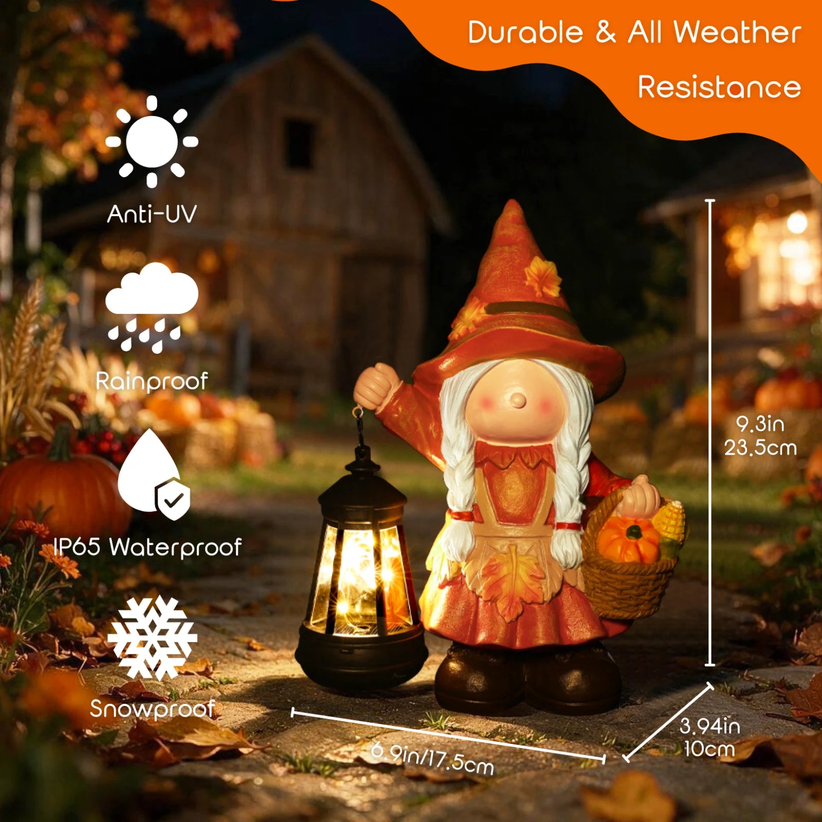 Fall Harvest Pumpkin Basket Girl Gnome Garden Decor Statue with Solar Lantern