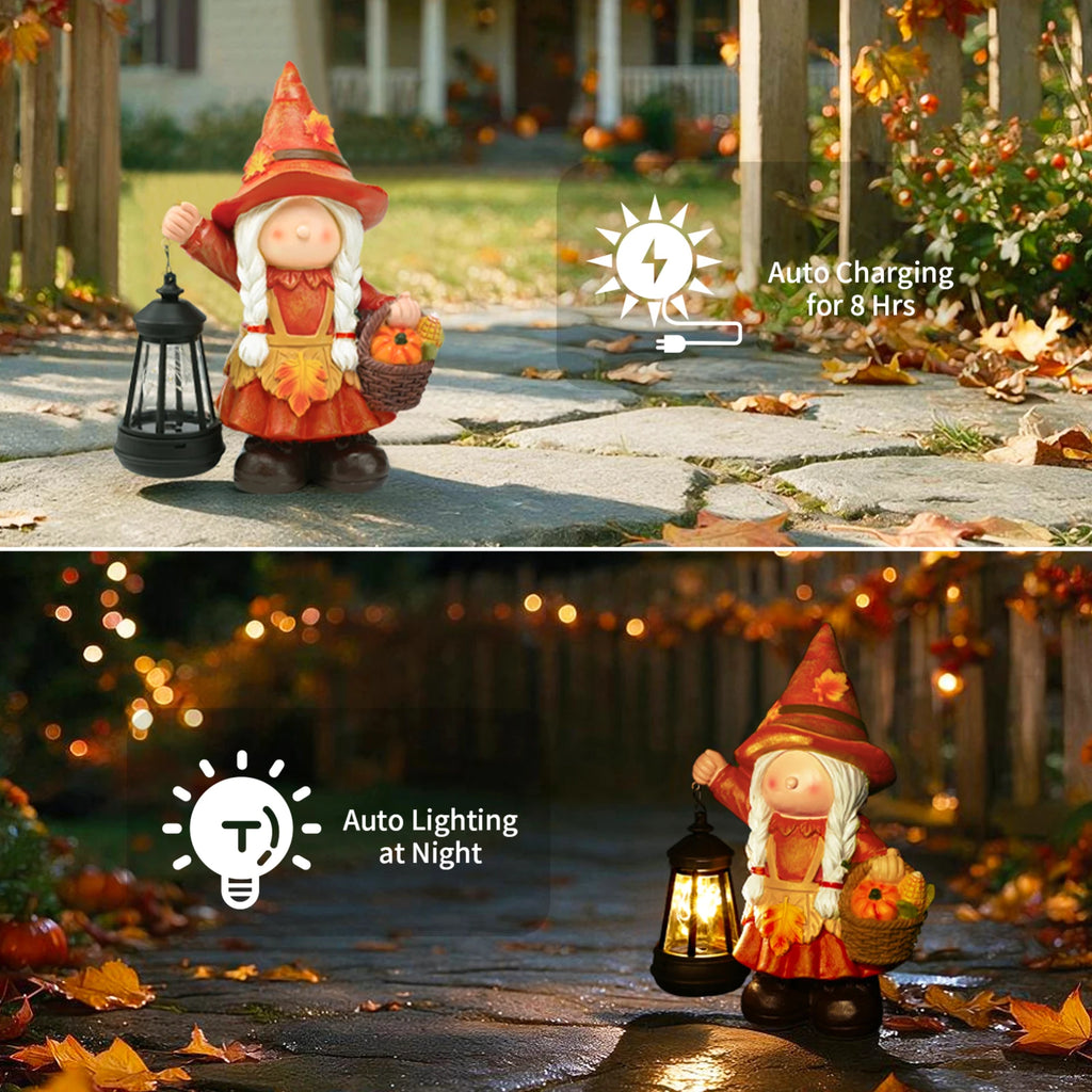 Fall Harvest Pumpkin Basket Girl Gnome Garden Decor Statue with Solar Lantern