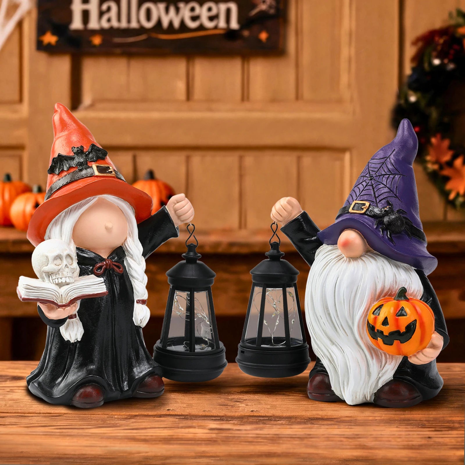 Halloween Gnome Holding Pumpkin Garden Statue with Solar Lantern