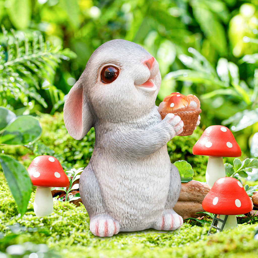 Holding Sunflower Mushroom Rabbit Garden Decor Statue with Solar Light 8.26''