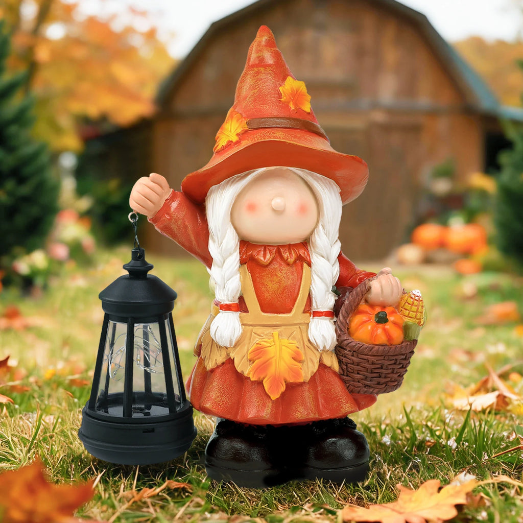 Fall Harvest Pumpkin Basket Girl Gnome Garden Decor Statue with Solar Lantern