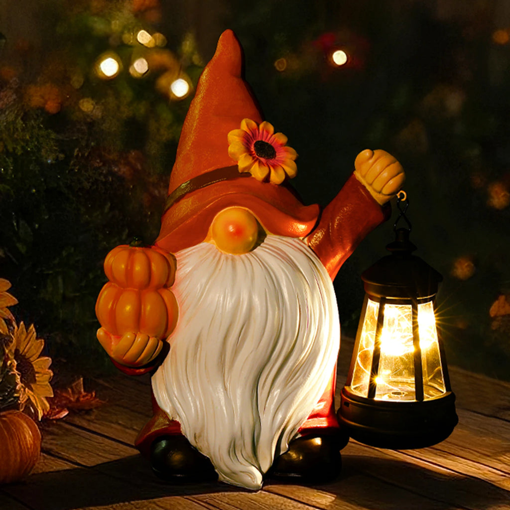 Sunflower Pumpkin Harvest Thanksgiving Gnome Garden Descor Statue with Solar Lantern