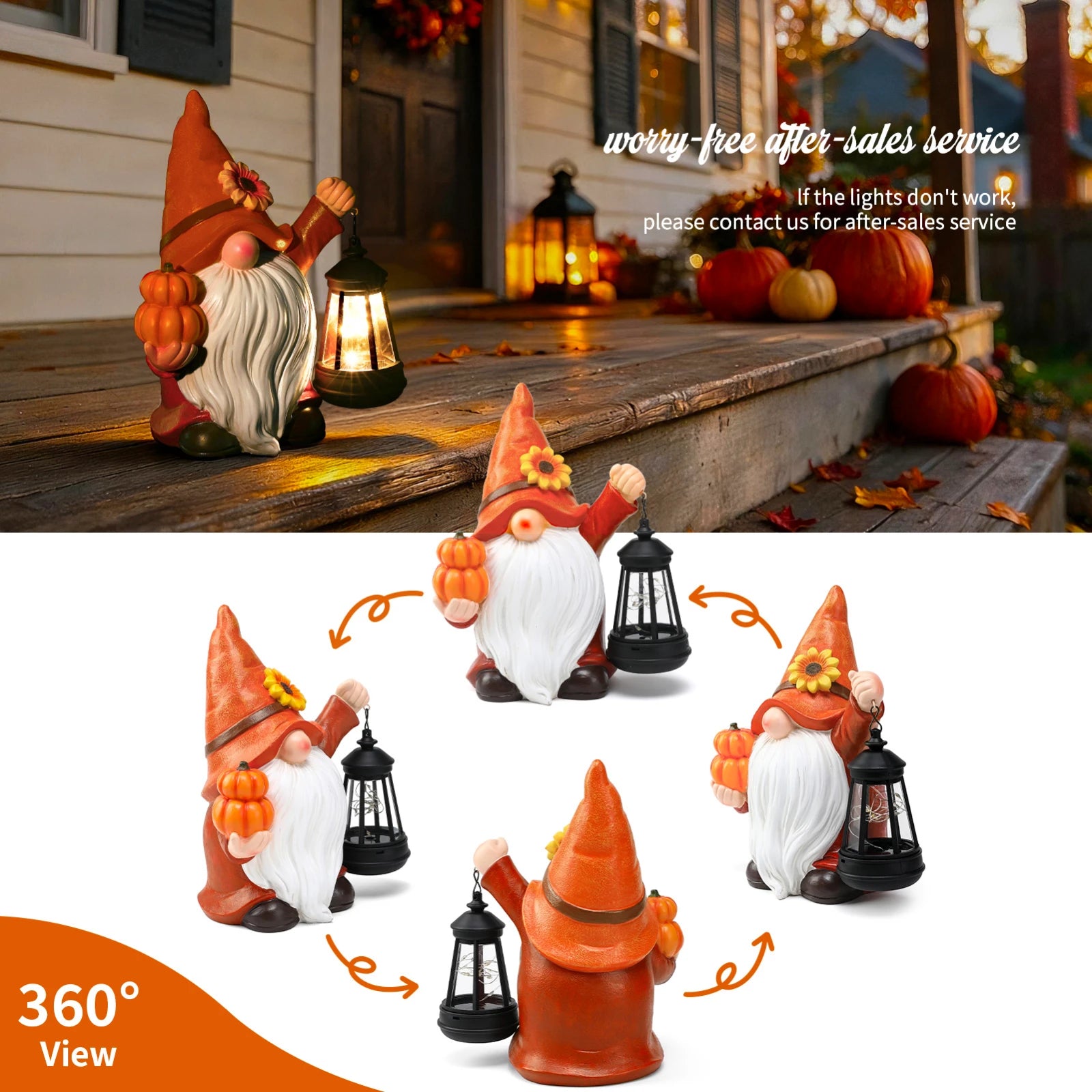 Sunflower Pumpkin Harvest Thanksgiving Gnome Garden Descor Statue with Solar Lantern