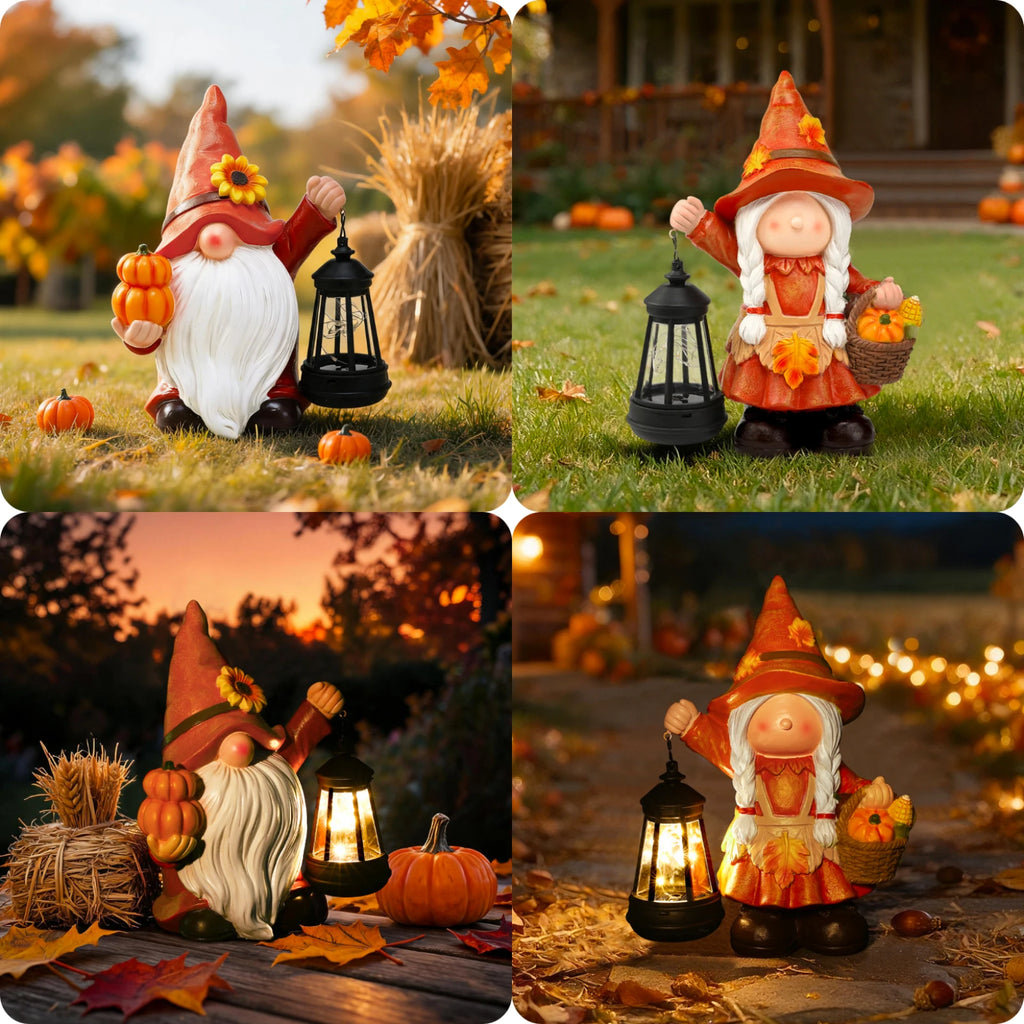 Sunflower Pumpkin Harvest Thanksgiving Gnome Garden Descor Statue with Solar Lantern
