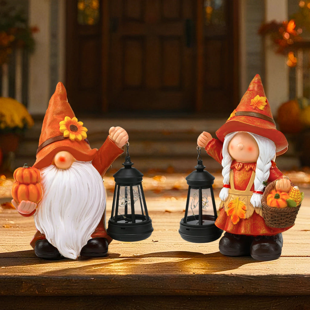 Sunflower Pumpkin Harvest Thanksgiving Gnome Garden Descor Statue with Solar Lantern