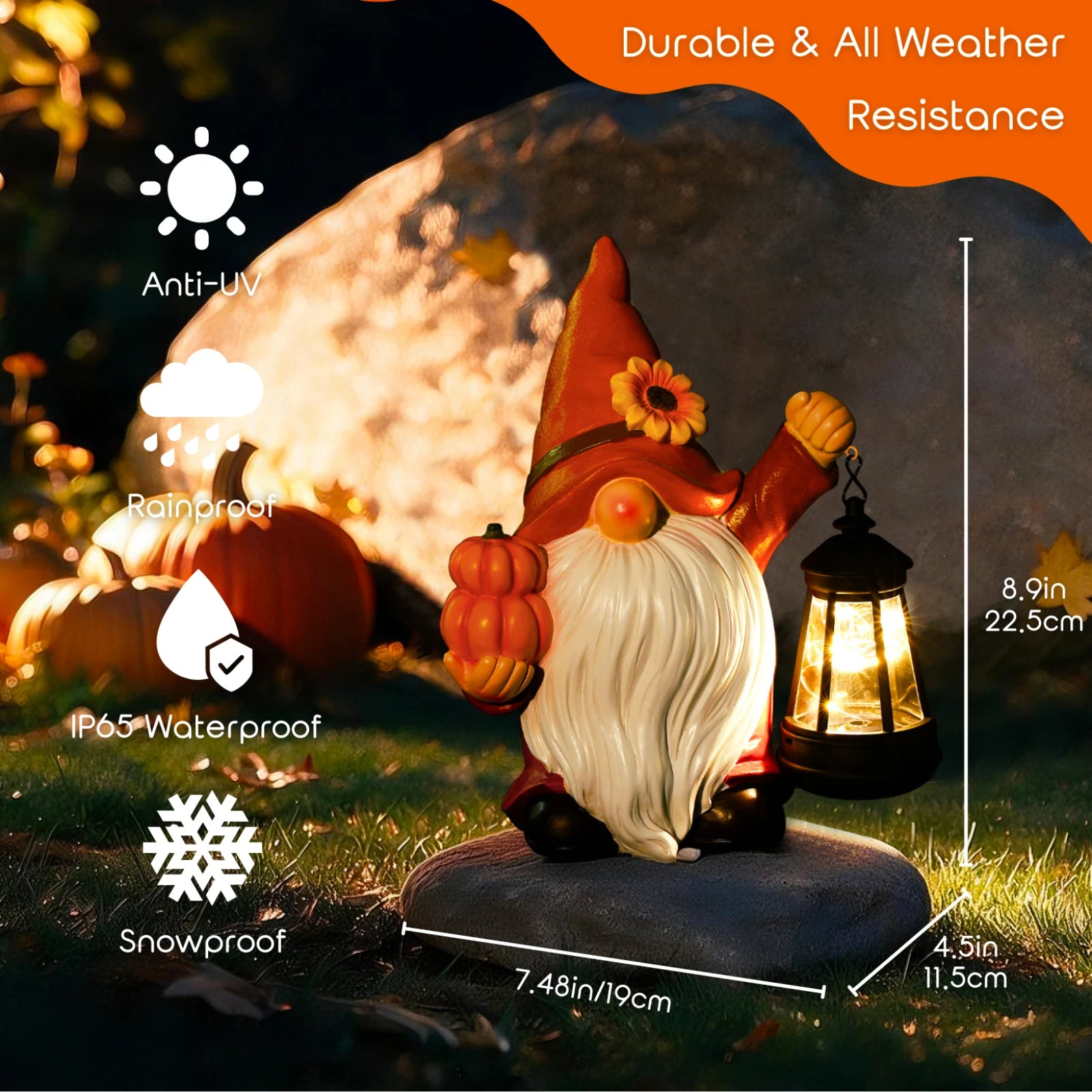 Sunflower Pumpkin Harvest Thanksgiving Gnome Garden Descor Statue with Solar Lantern