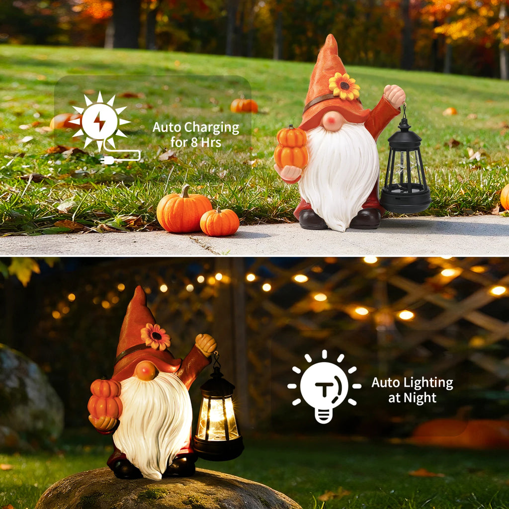 Sunflower Pumpkin Harvest Thanksgiving Gnome Garden Descor Statue with Solar Lantern
