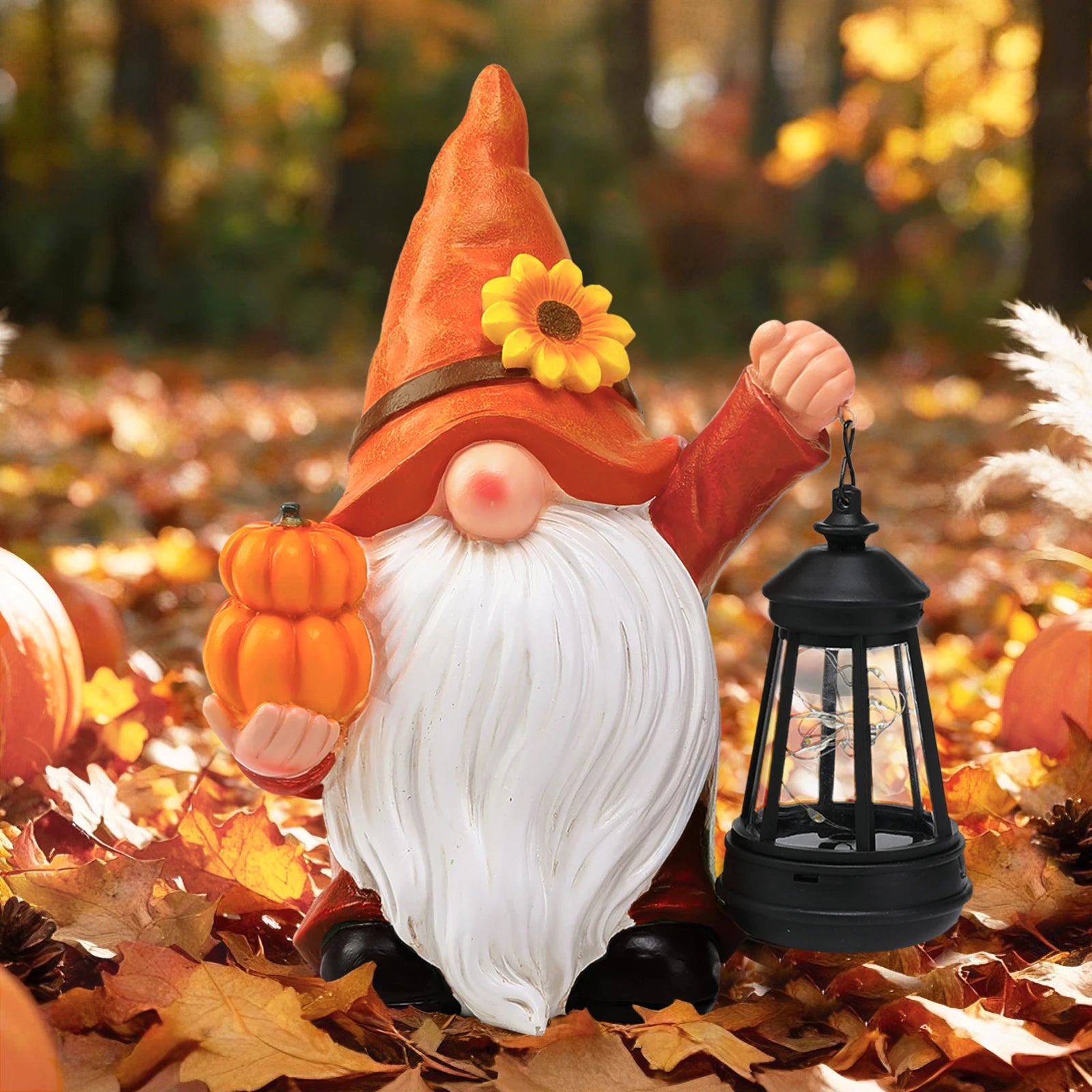 Sunflower Pumpkin Harvest Thanksgiving Gnome Garden Descor Statue with Solar Lantern