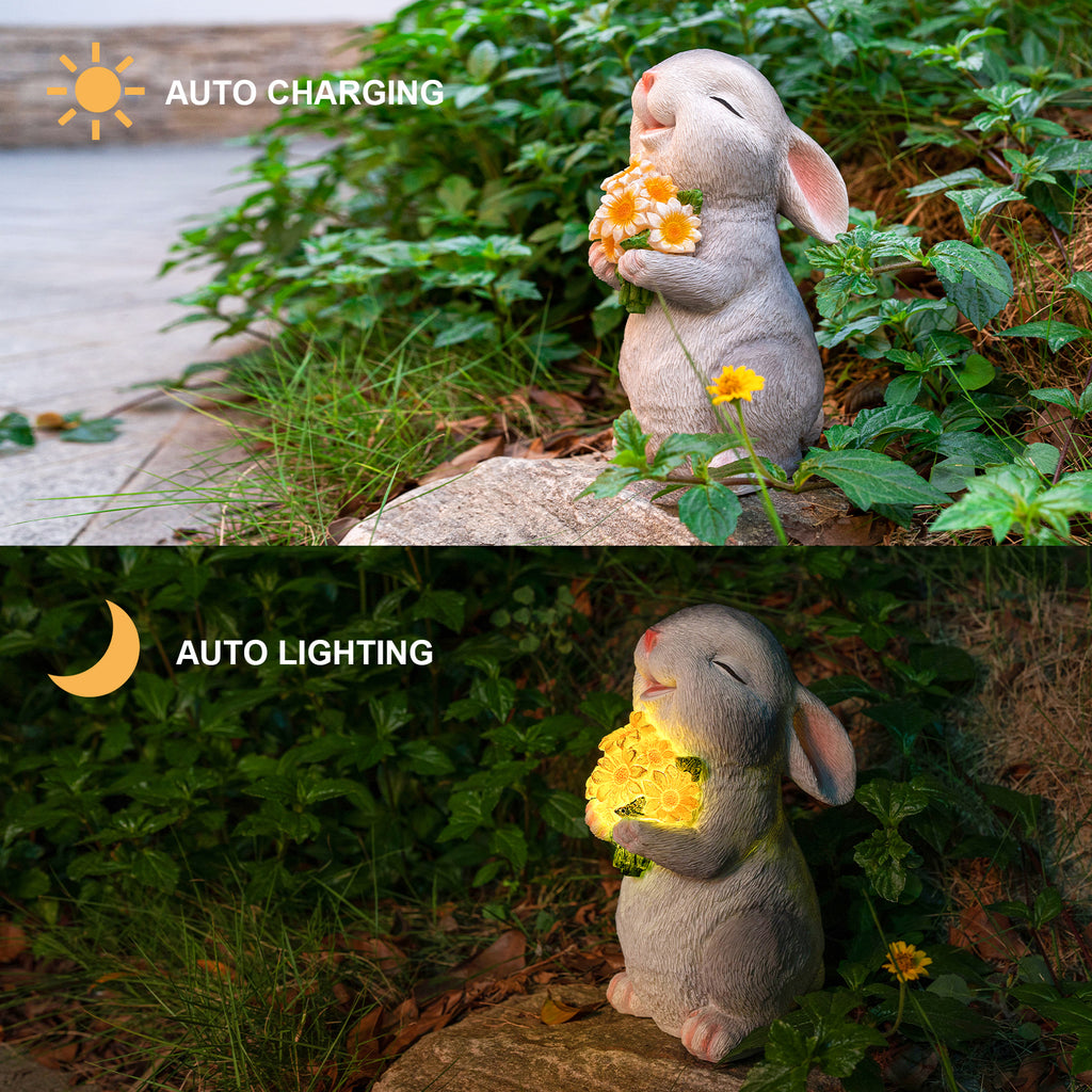 Holding Sunflower Mushroom Rabbit Garden Decor Statue with Solar Light 8.26''