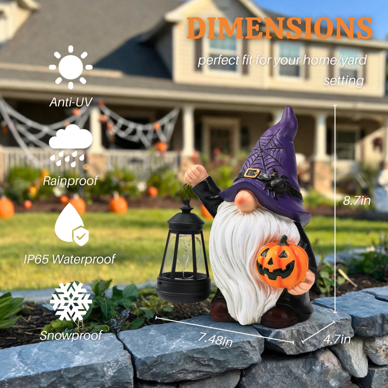 Halloween Gnome Holding Pumpkin Garden Statue with Solar Lantern