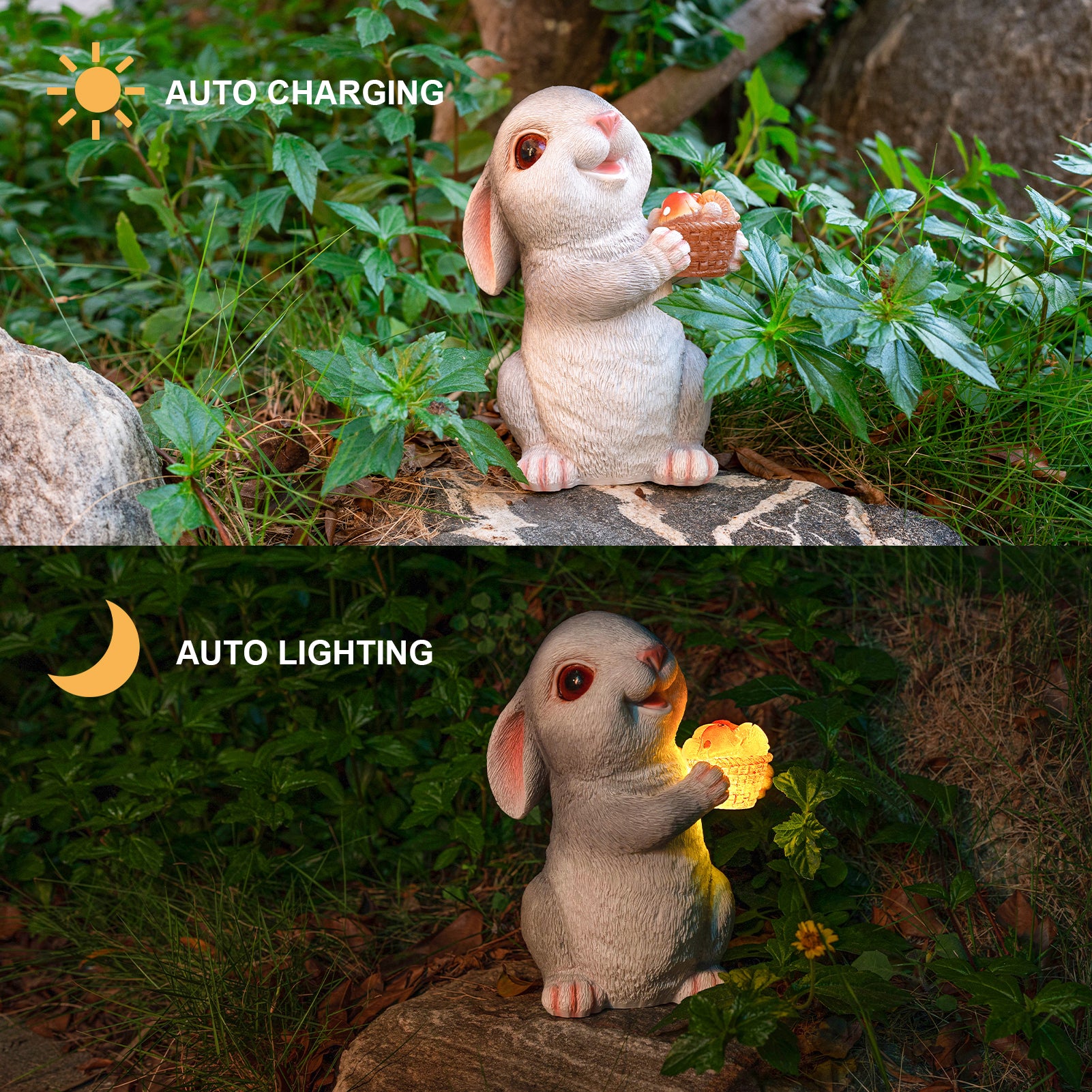 Holding Sunflower Mushroom Rabbit Garden Decor Statue with Solar Light 8.26''